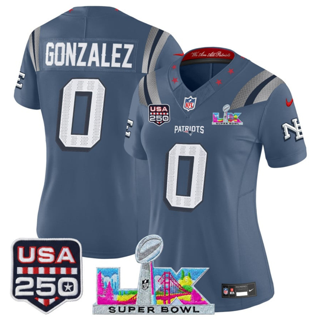 Women's New England Patriots #0 Christian Gonzalez Storm Blue 2025 F.U.S.E. Super Bowl LX & USA 250' Patch “Rivalries” Vapor Limited Football Stitched Jersey(Run Small)